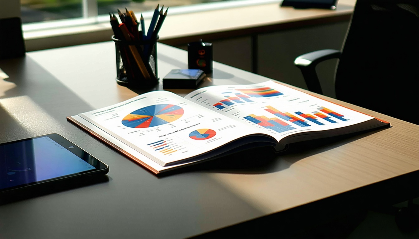 Elegantna sodobna pisarniška miza se ponaša z gladko polirano površino, ki jo osvetljuje naravna svetloba, ki se pretaka skozi bližnje okno Na mizi je na vidnem mestu vezano marketinško poročilo, ki ima profesionalno naslovnico z živahnim dizajnom in krepko tipko-2