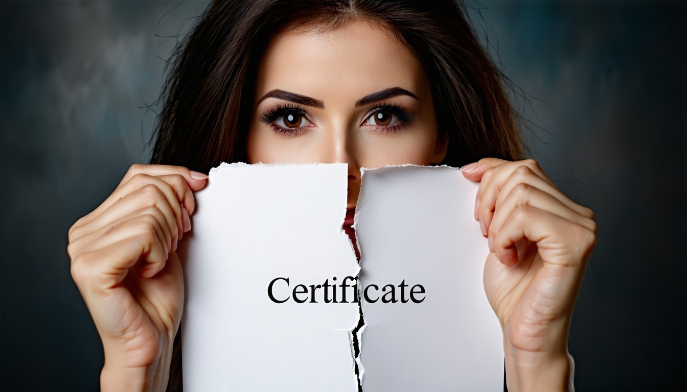 Ženska z nežnimi, a odločnimi rokami drži robove čistega, uradnega papirja, na katerem je v krepki, uradni pisavi napisano 